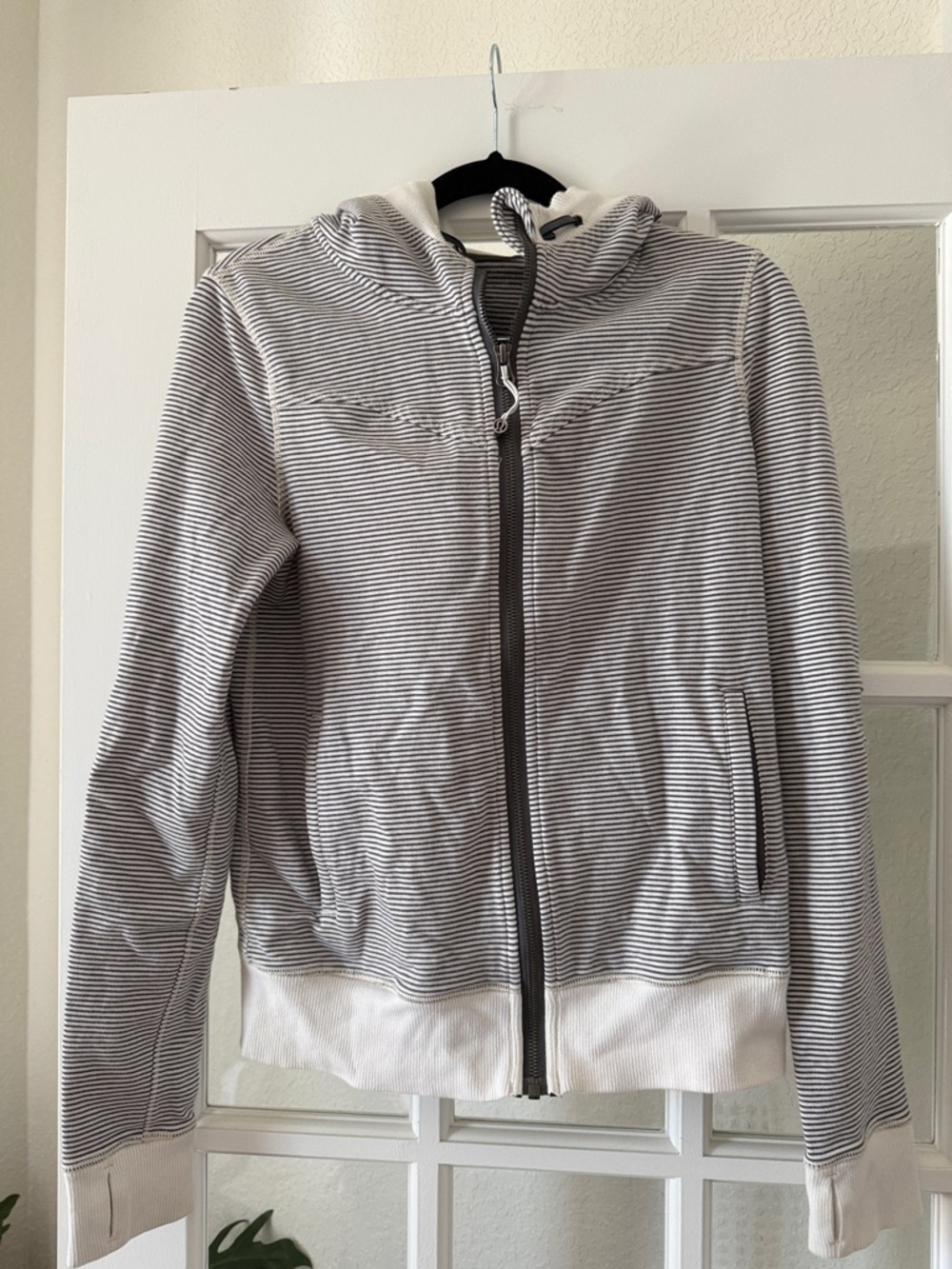 lululemon athletica Striped Hooded Zip Jacket in White and Gray